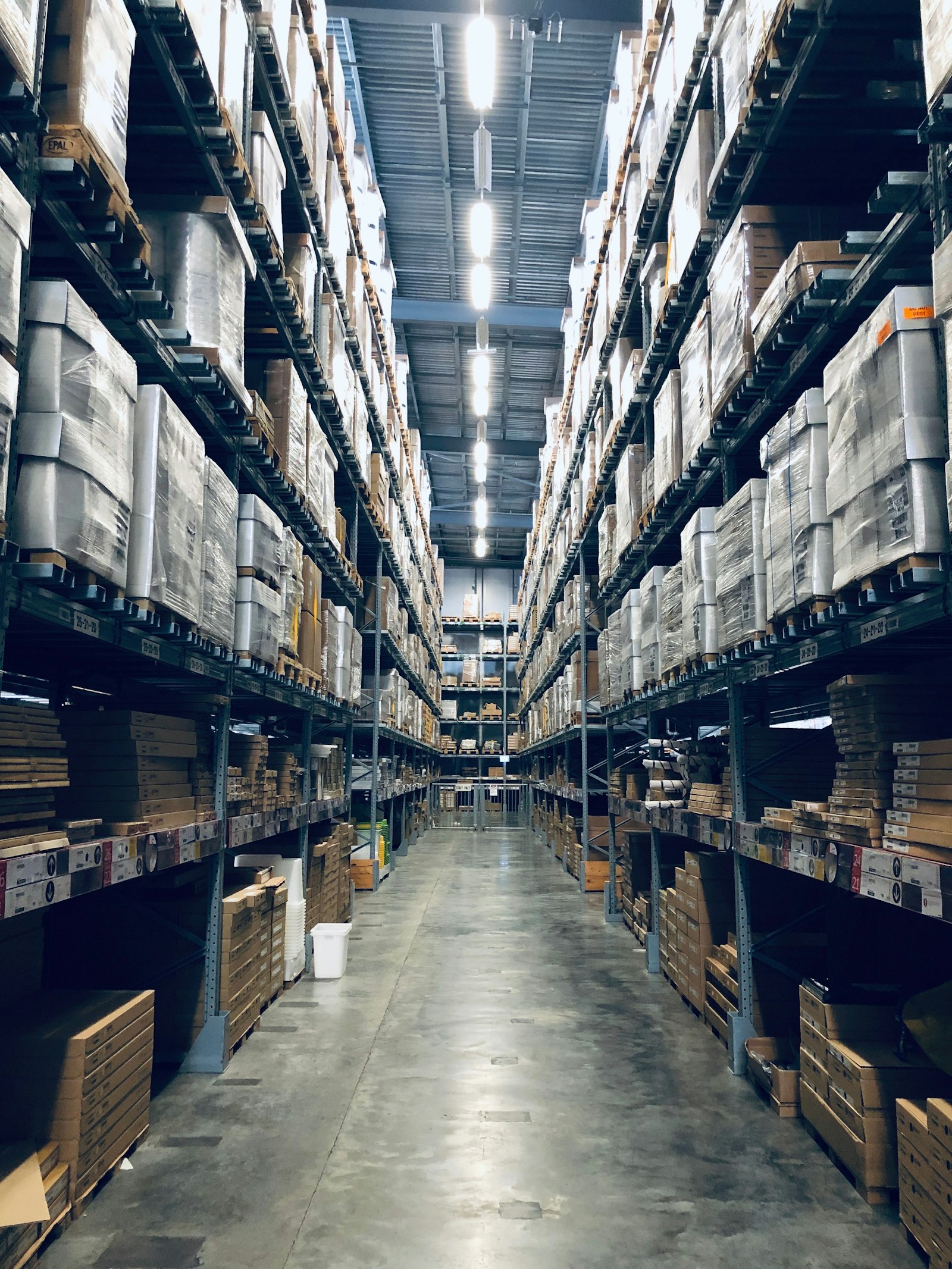 Aisle of high-bay warehouse racking